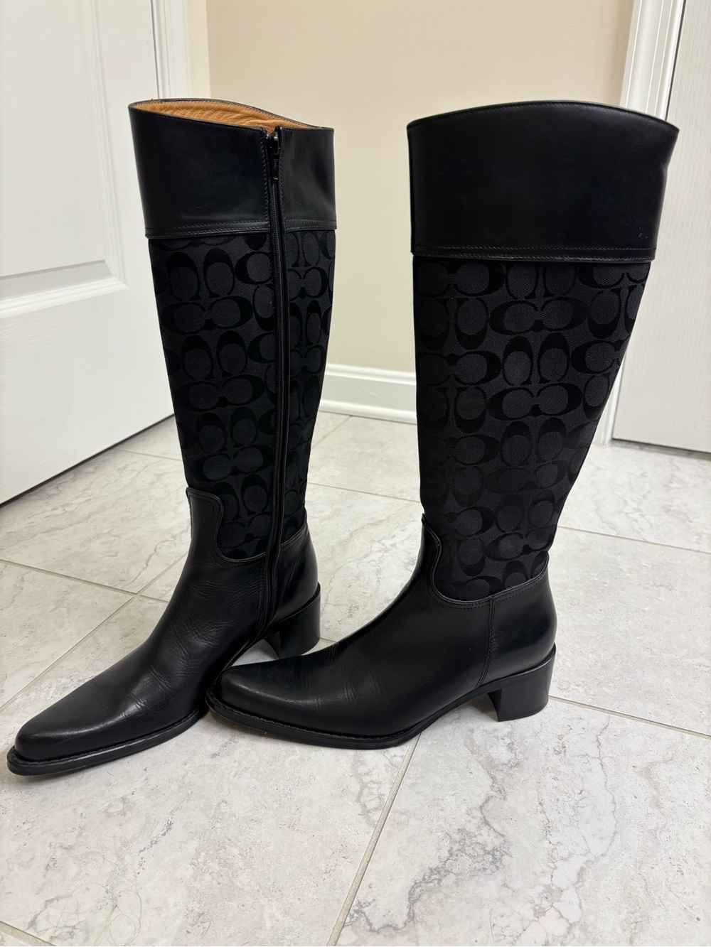 Coach Signature Black Leather & Canvas Knee-High Boots, Size 8 1/2